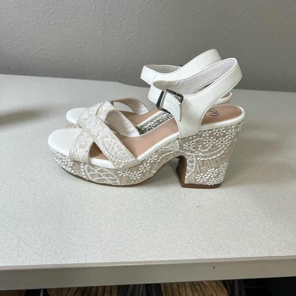 Impo White Beaded Crisscross Memory Foam Heel Sandals